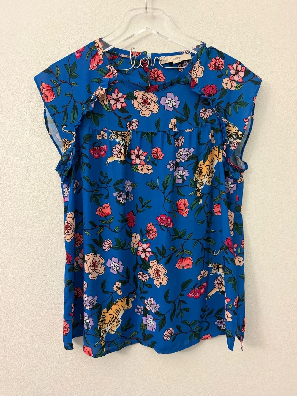 LOFT Blue Floral & Tiger Cap-Sleeve Blouse
